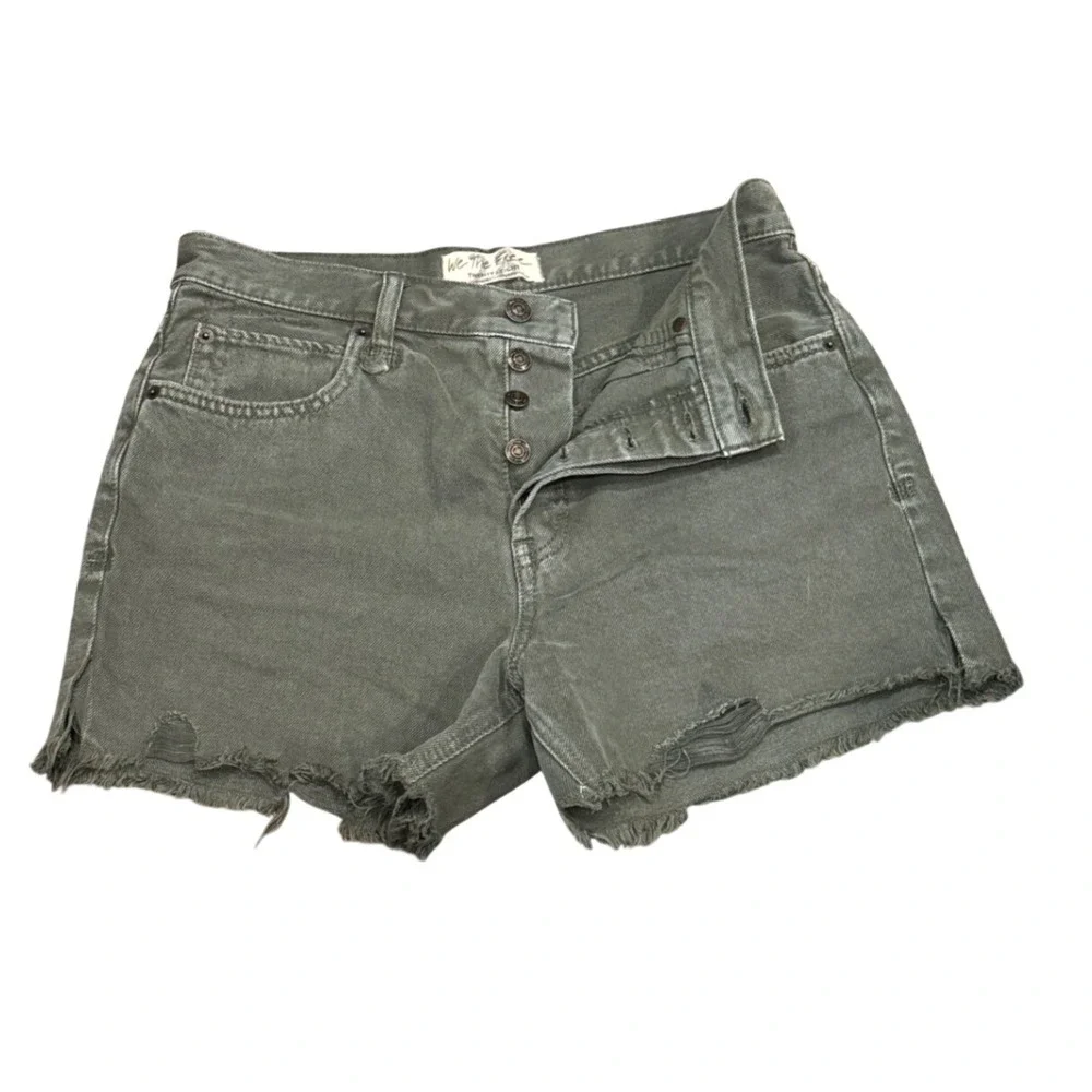 We The Free Free People Olive Green Denim Cut Off Shorts Button Fly Size 28S